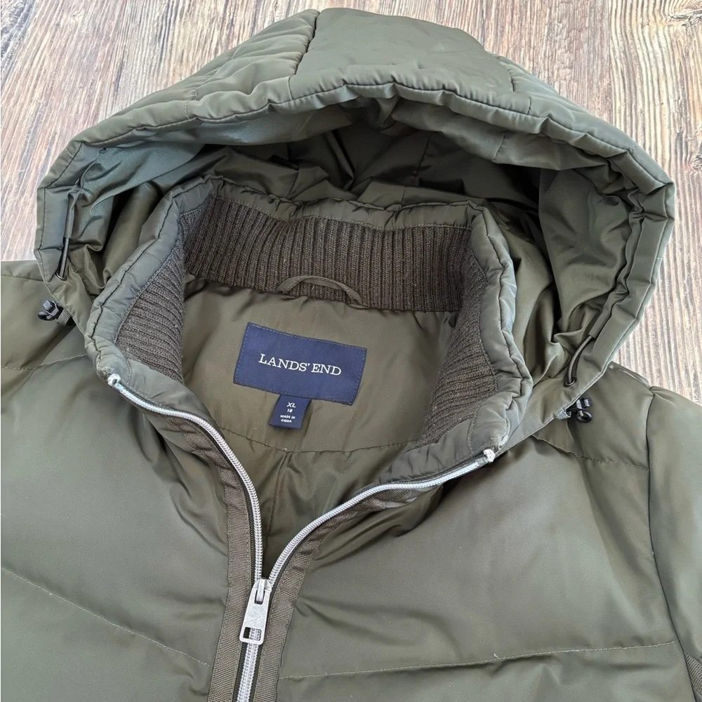 Lands’ End Hooded Quilted Down Puffer Jacket XL Olive Green 38” Long Two-Way Zip - Picture 7 of 14